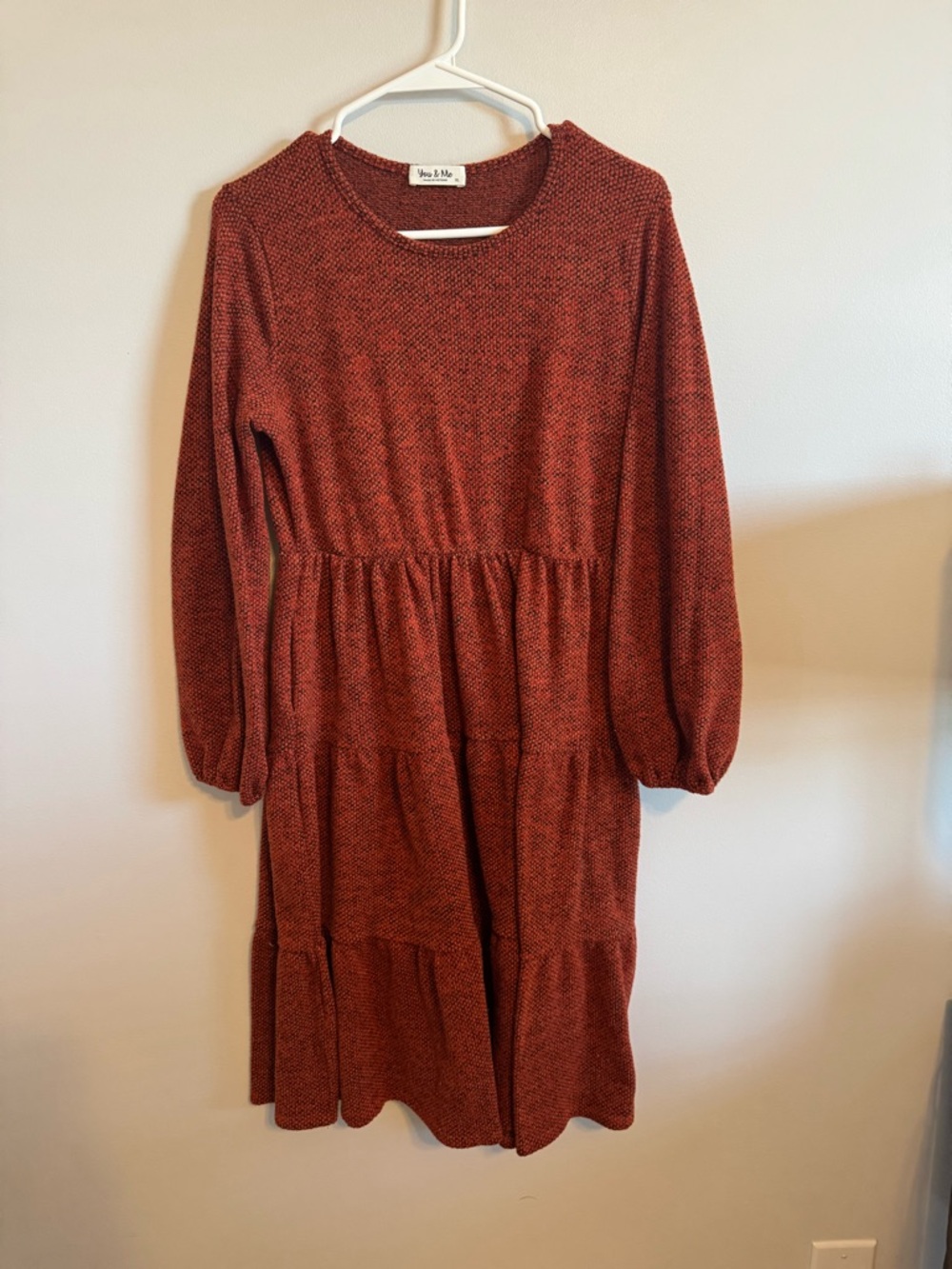 Rust Long-Sleeve Tiered Midi Dress